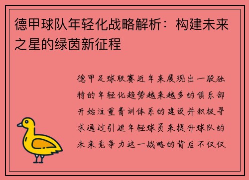 德甲球队年轻化战略解析：构建未来之星的绿茵新征程