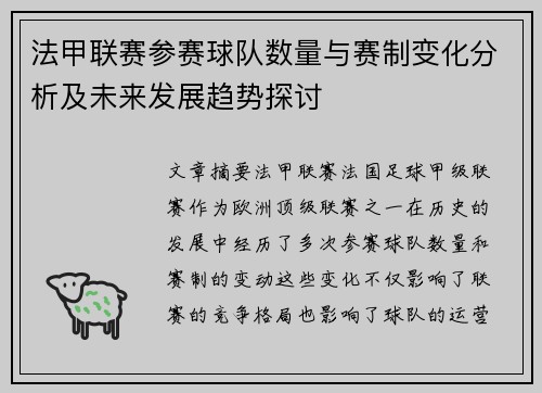 法甲联赛参赛球队数量与赛制变化分析及未来发展趋势探讨